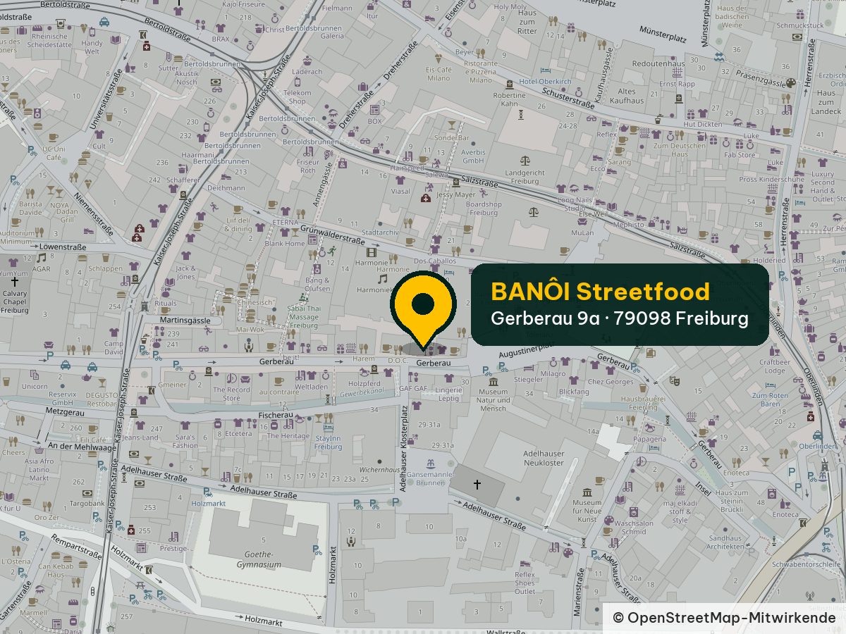 Karte: Banoi Streetfood, Gerberau 9a, 79098 Freiburg